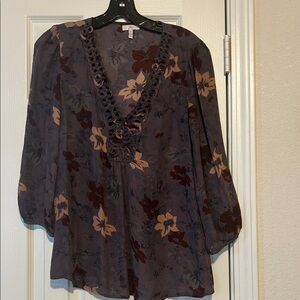 Joie 100% Silk Floral V-Neck Blouse - Grey & Maroon Medium